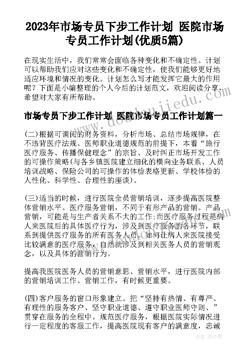 2023年市场专员下步工作计划 医院市场专员工作计划(优质5篇)