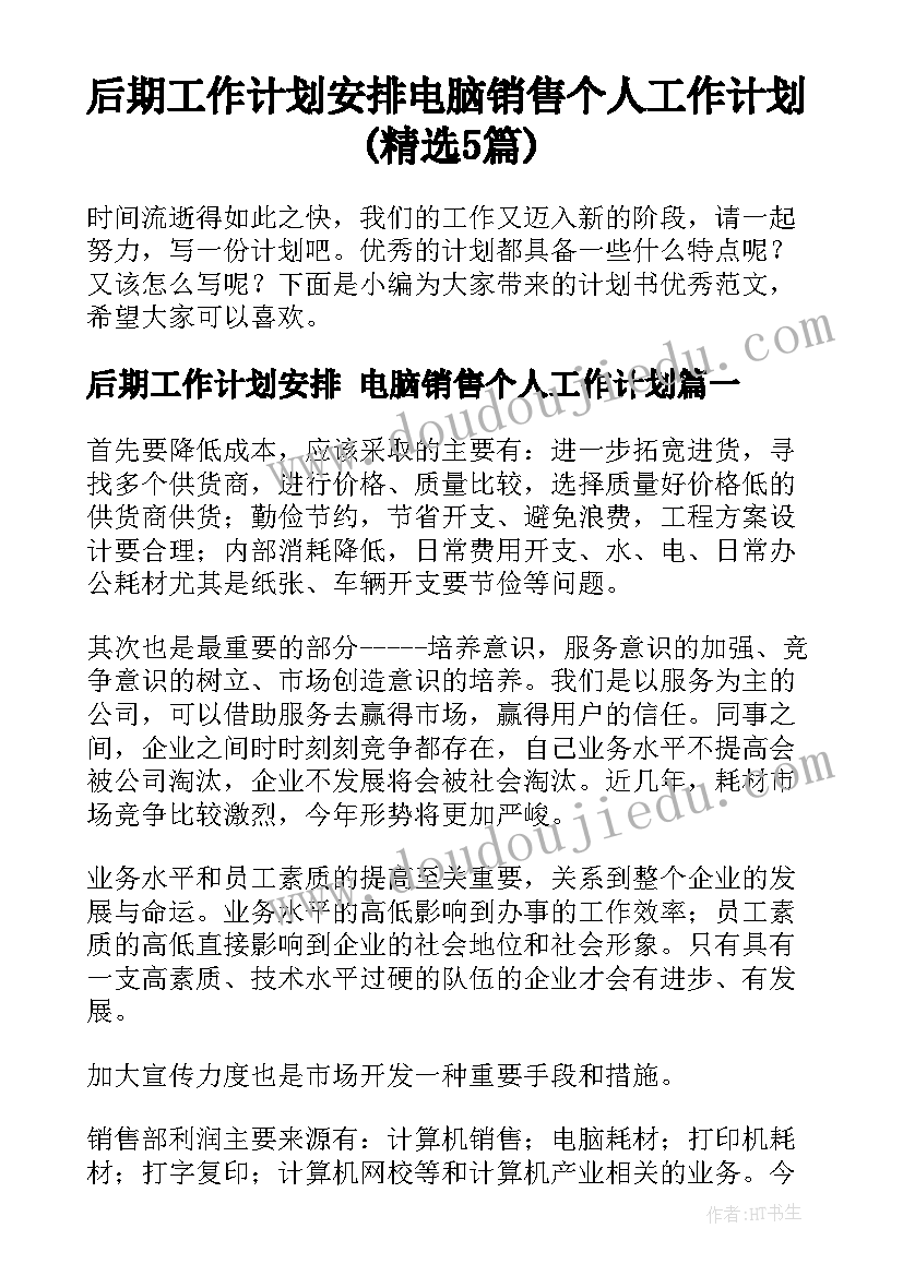 后期工作计划安排 电脑销售个人工作计划(精选5篇)