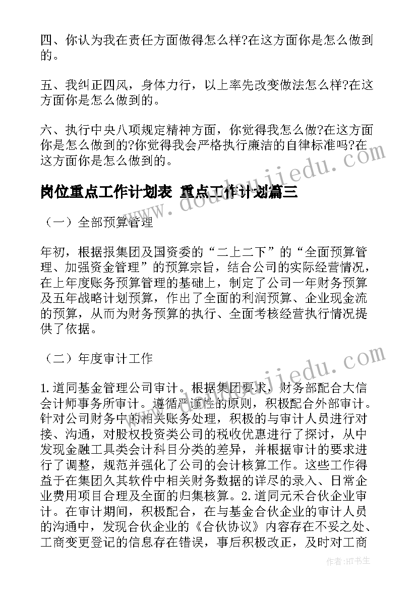 2023年岗位重点工作计划表 重点工作计划(优秀10篇)