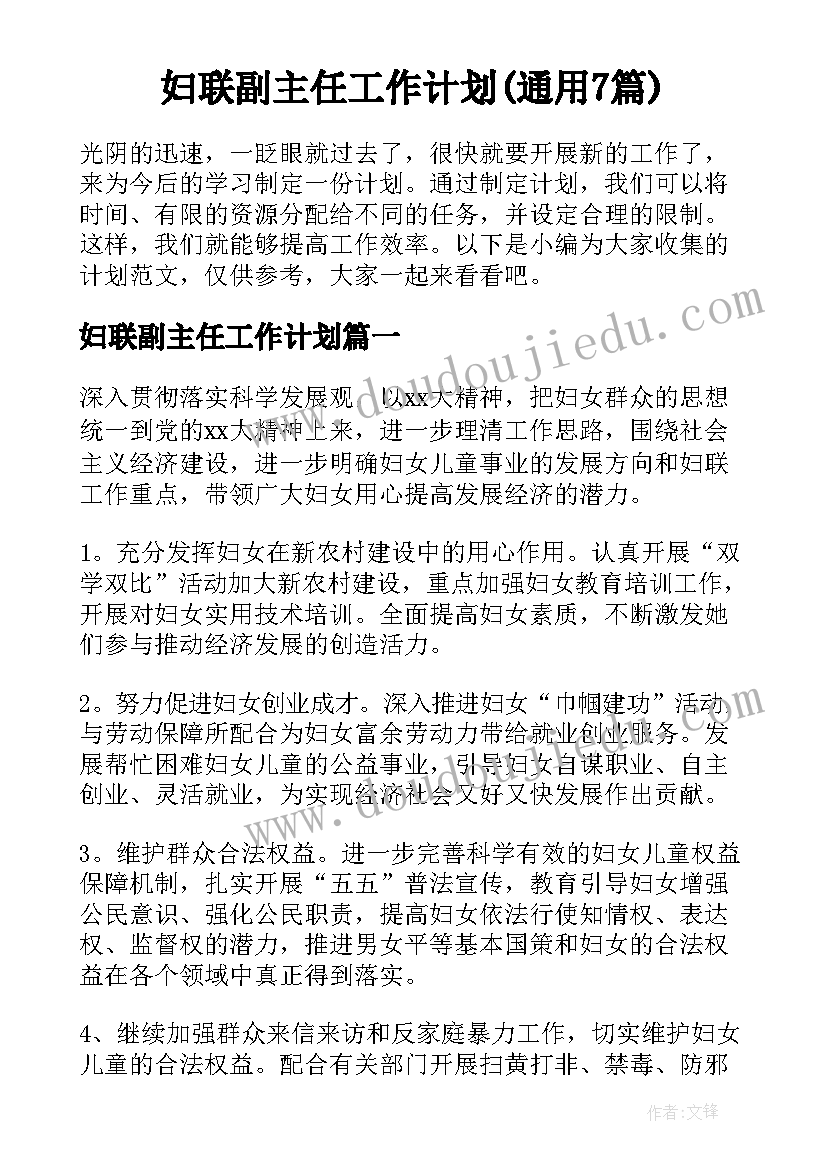 妇联副主任工作计划(通用7篇)