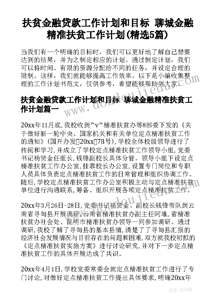 扶贫金融贷款工作计划和目标 聊城金融精准扶贫工作计划(精选5篇)