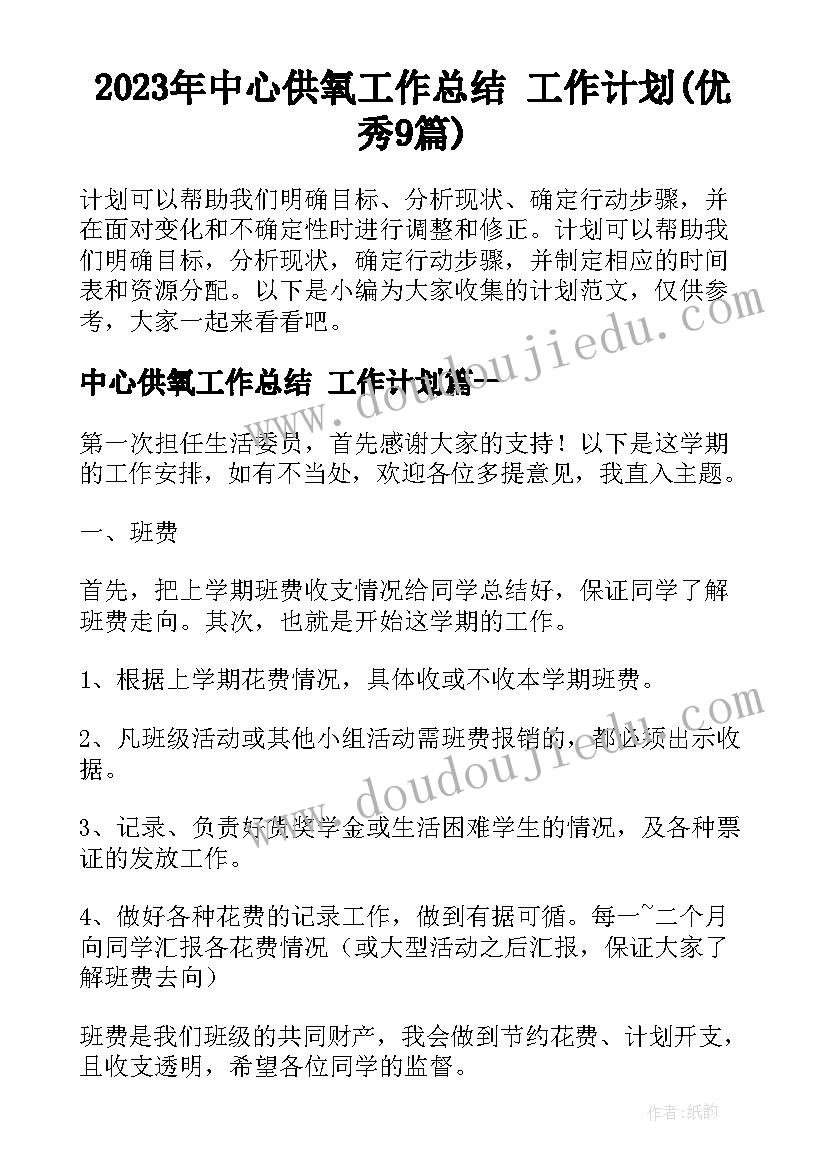 2023年中心供氧工作总结 工作计划(优秀9篇)