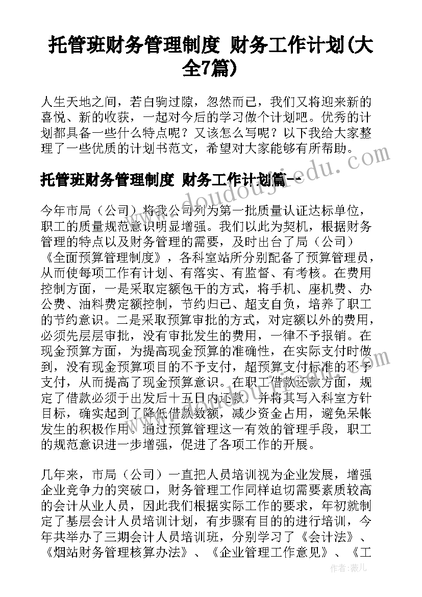 托管班财务管理制度 财务工作计划(大全7篇)