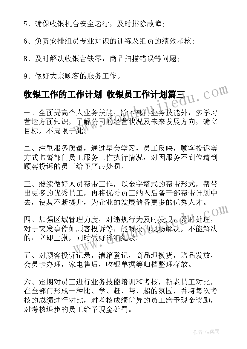 收银工作的工作计划 收银员工作计划(精选9篇)