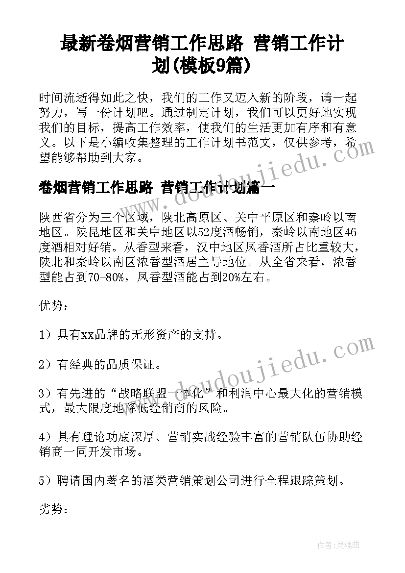 最新卷烟营销工作思路 营销工作计划(模板9篇)