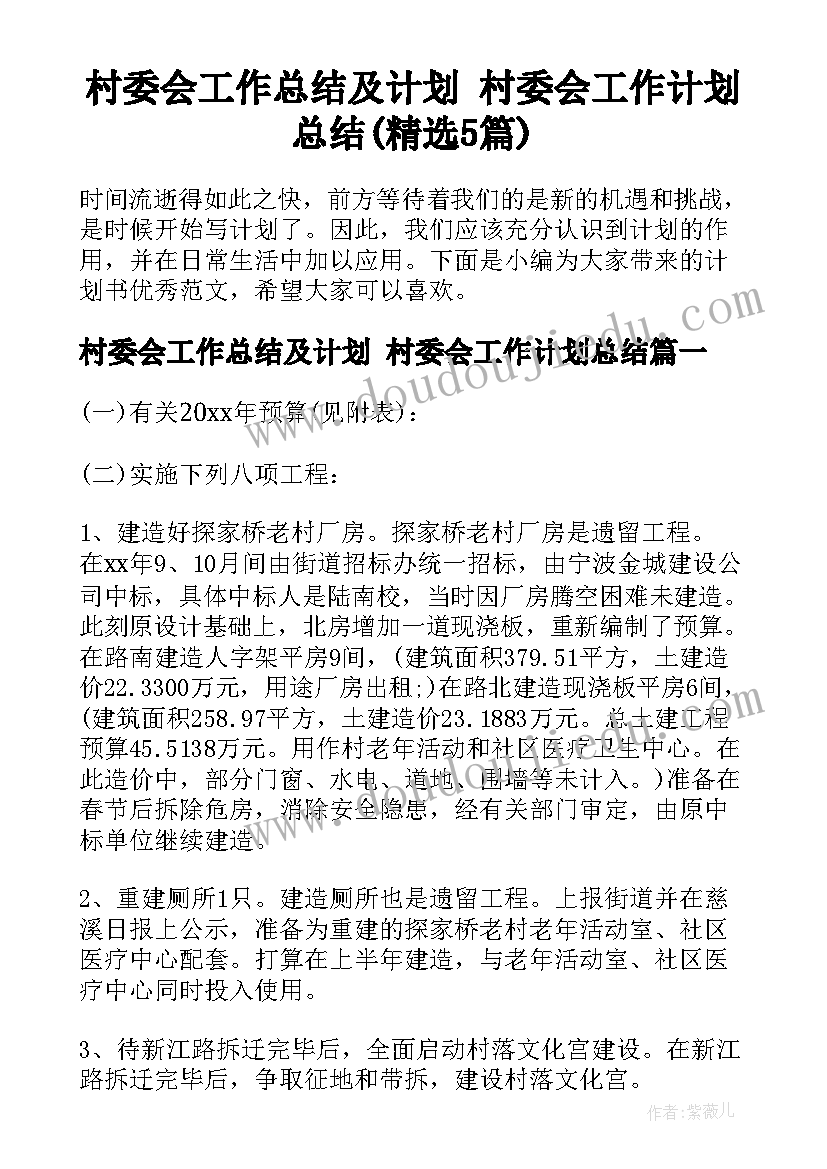 村委会工作总结及计划 村委会工作计划总结(精选5篇)