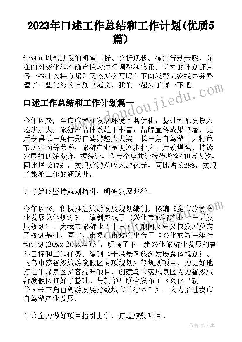 2023年口述工作总结和工作计划(优质5篇)