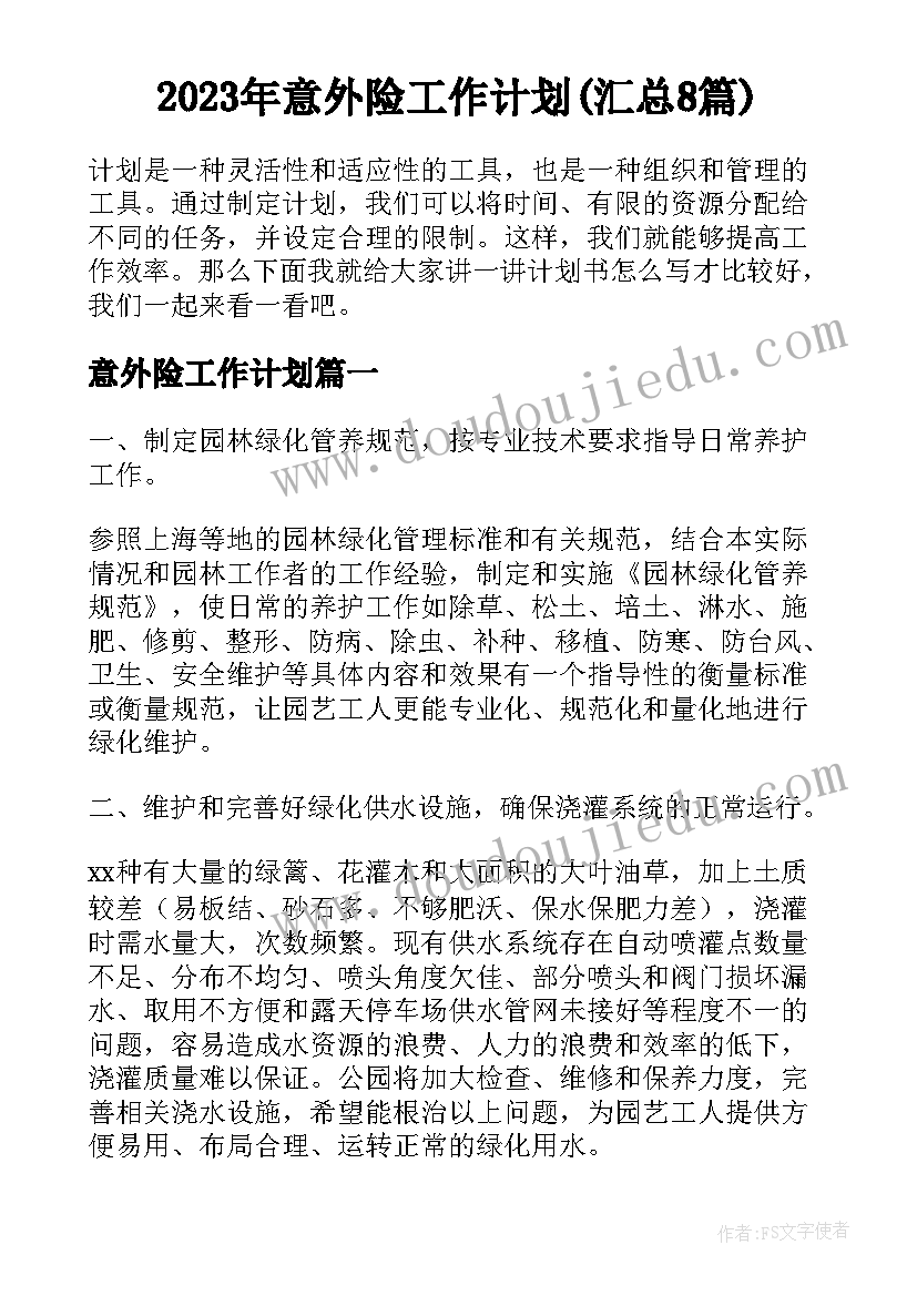 2023年意外险工作计划(汇总8篇)