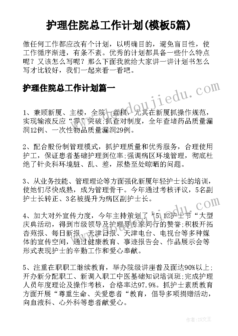 护理住院总工作计划(模板5篇)