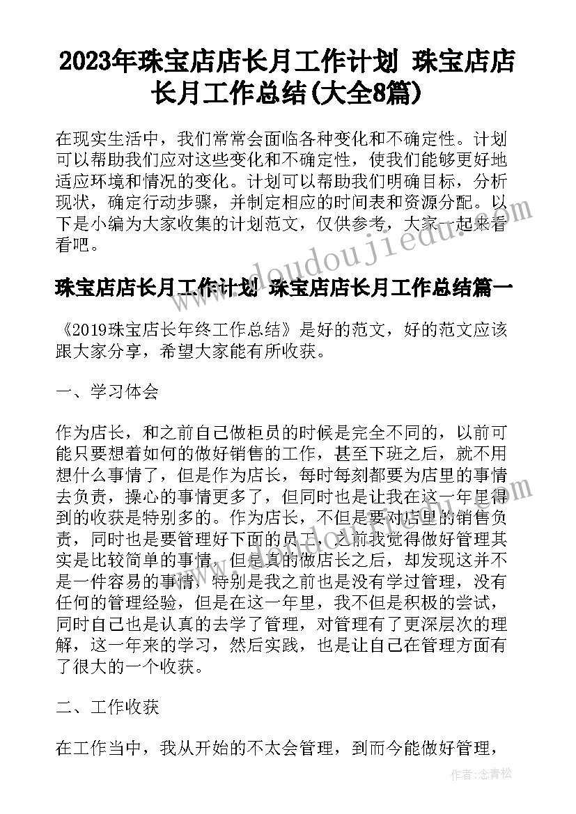 2023年珠宝店店长月工作计划 珠宝店店长月工作总结(大全8篇)