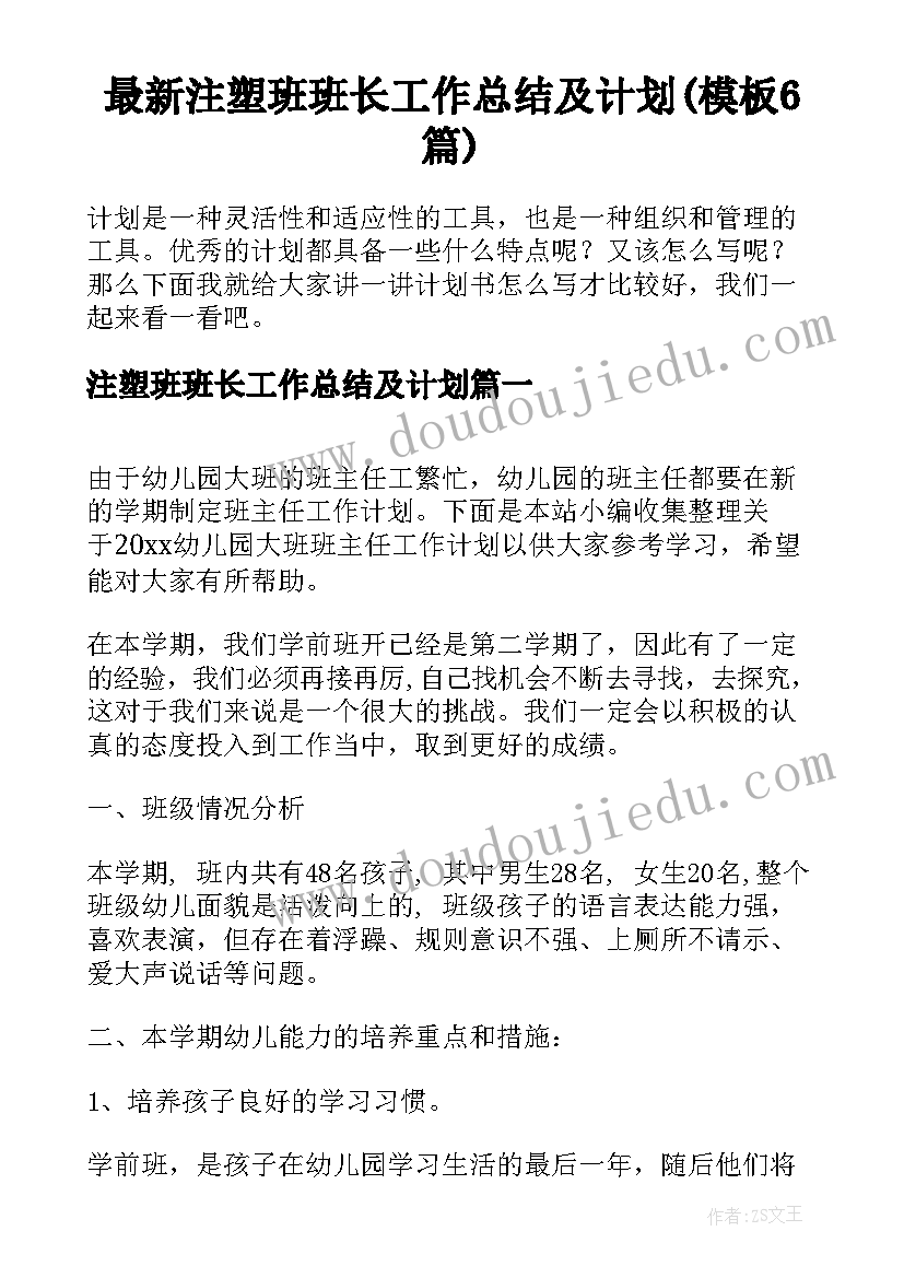 最新注塑班班长工作总结及计划(模板6篇)