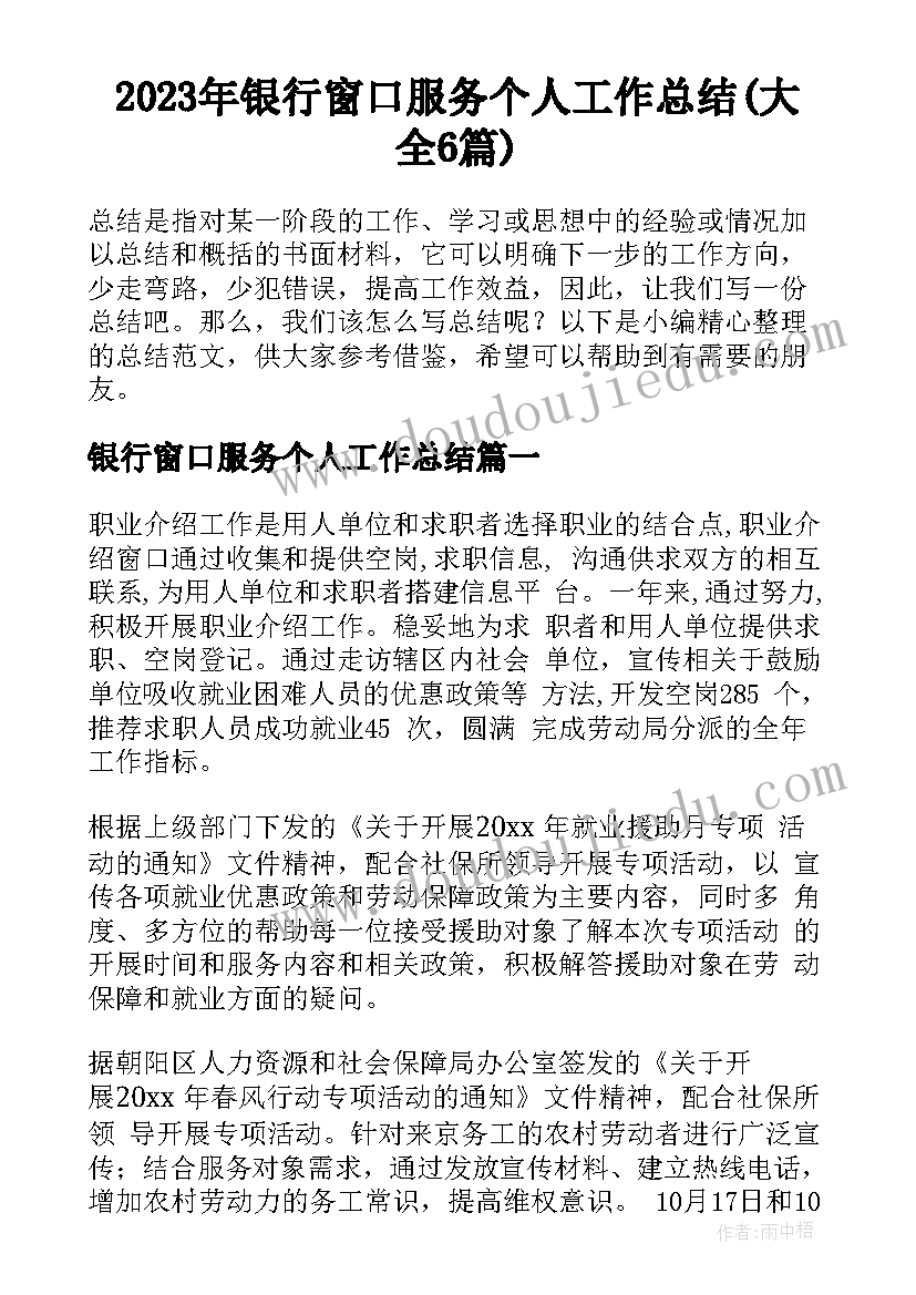 2023年银行窗口服务个人工作总结(大全6篇)