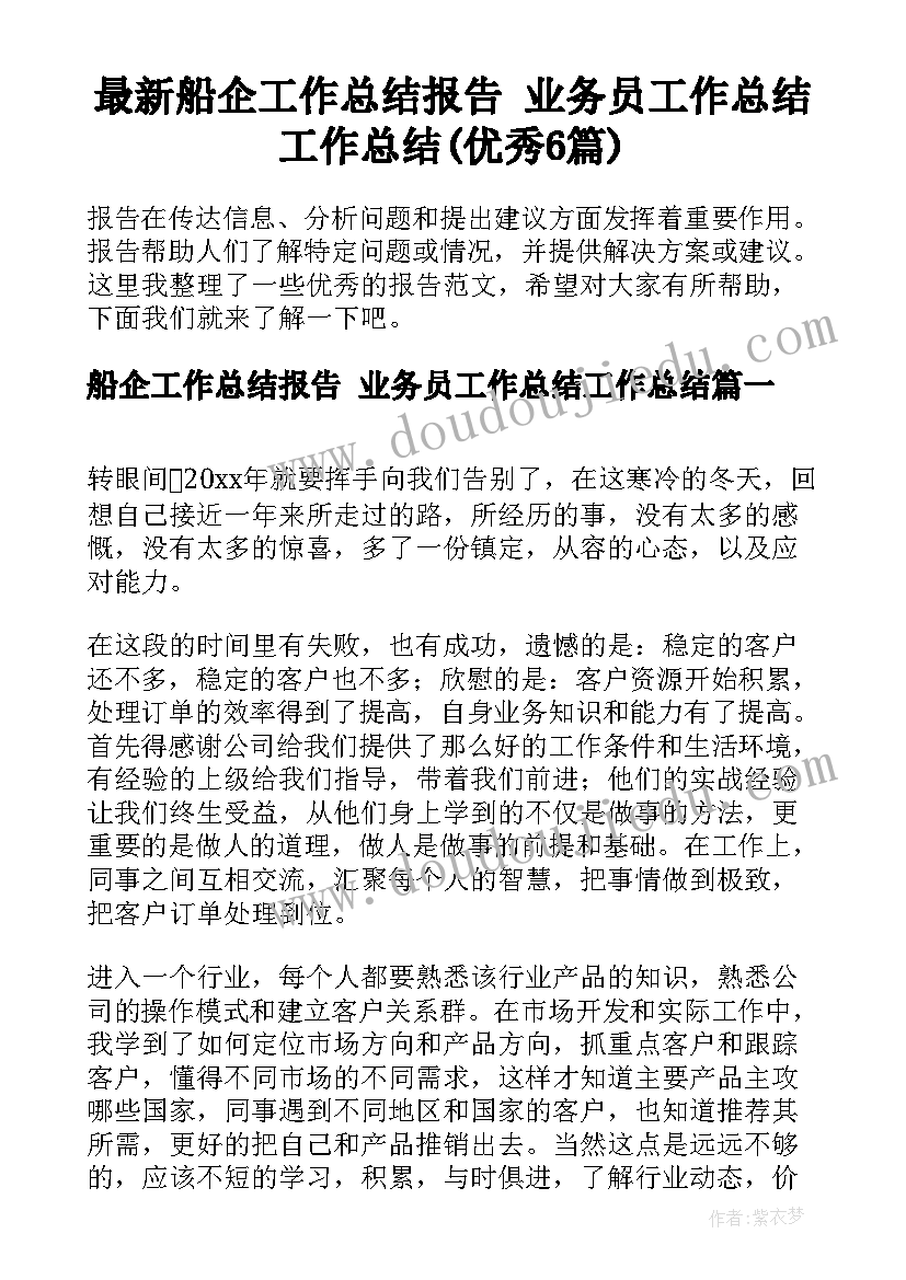 最新船企工作总结报告 业务员工作总结工作总结(优秀6篇)