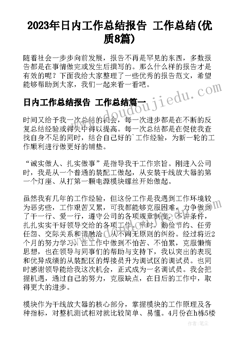 2023年日内工作总结报告 工作总结(优质8篇)