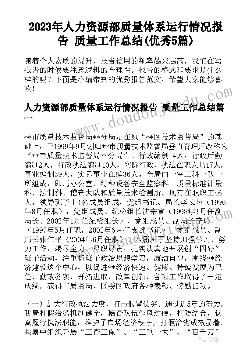 2023年人力资源部质量体系运行情况报告 质量工作总结(优秀5篇)