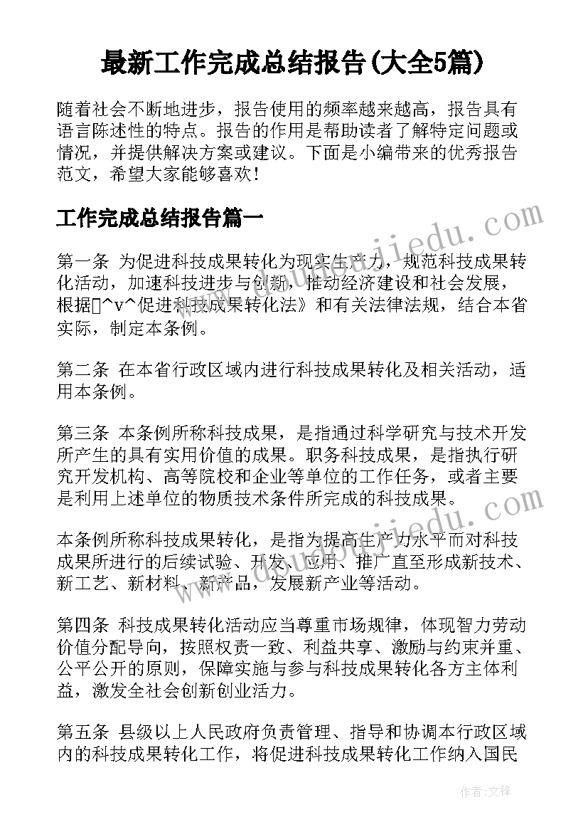 最新工作完成总结报告(大全5篇)