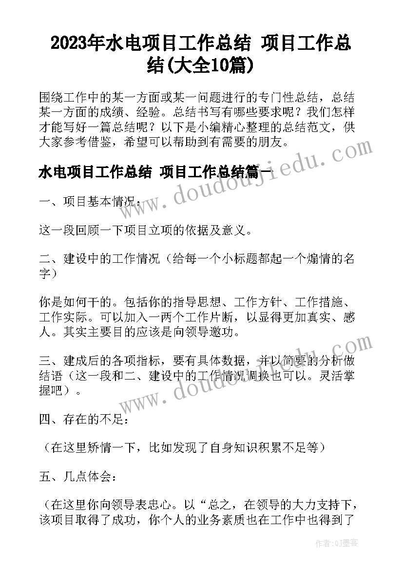 2023年水电项目工作总结 项目工作总结(大全10篇)