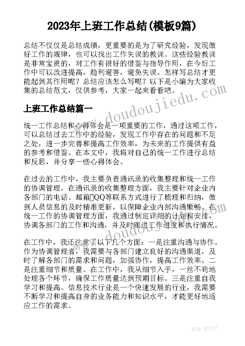 2023年上班工作总结(模板9篇)