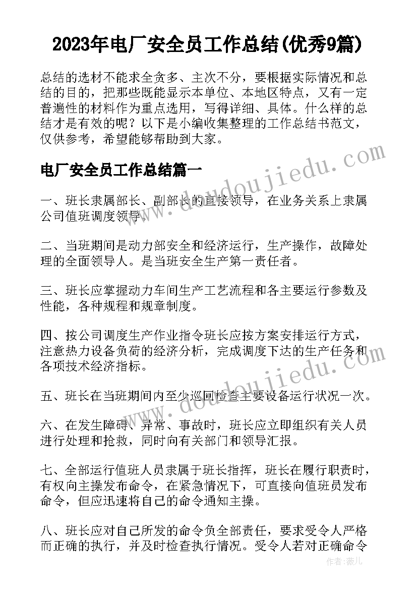 2023年电厂安全员工作总结(优秀9篇)