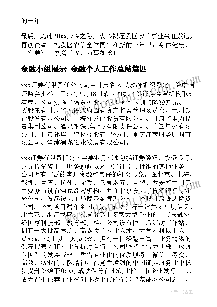 2023年金融小组展示 金融个人工作总结(精选9篇)