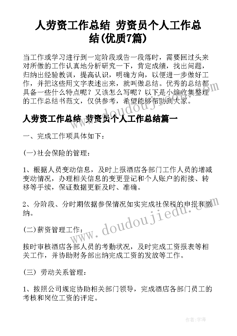 人劳资工作总结 劳资员个人工作总结(优质7篇)