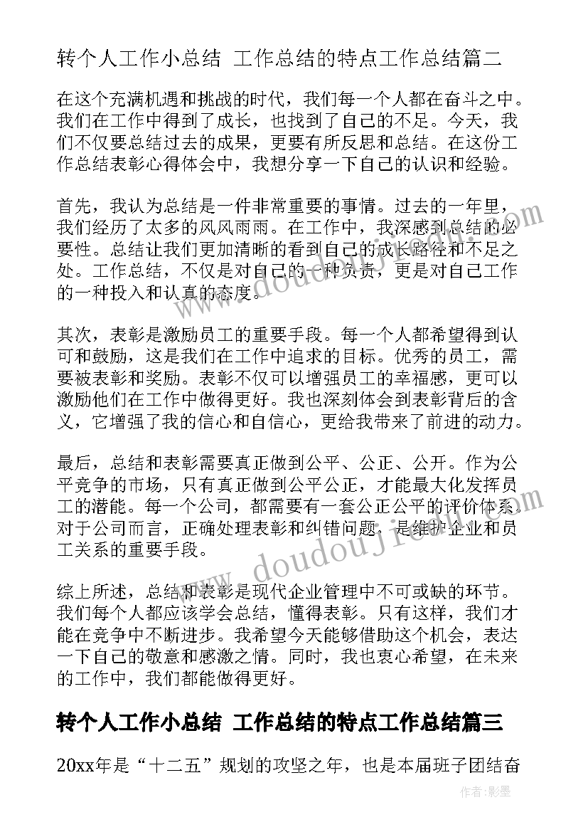 2023年转个人工作小总结 工作总结的特点工作总结(通用9篇)