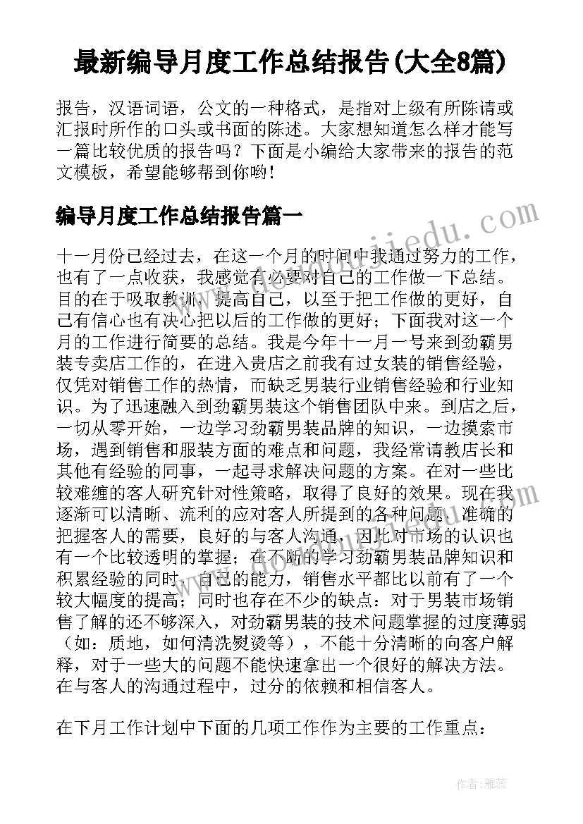 最新编导月度工作总结报告(大全8篇)