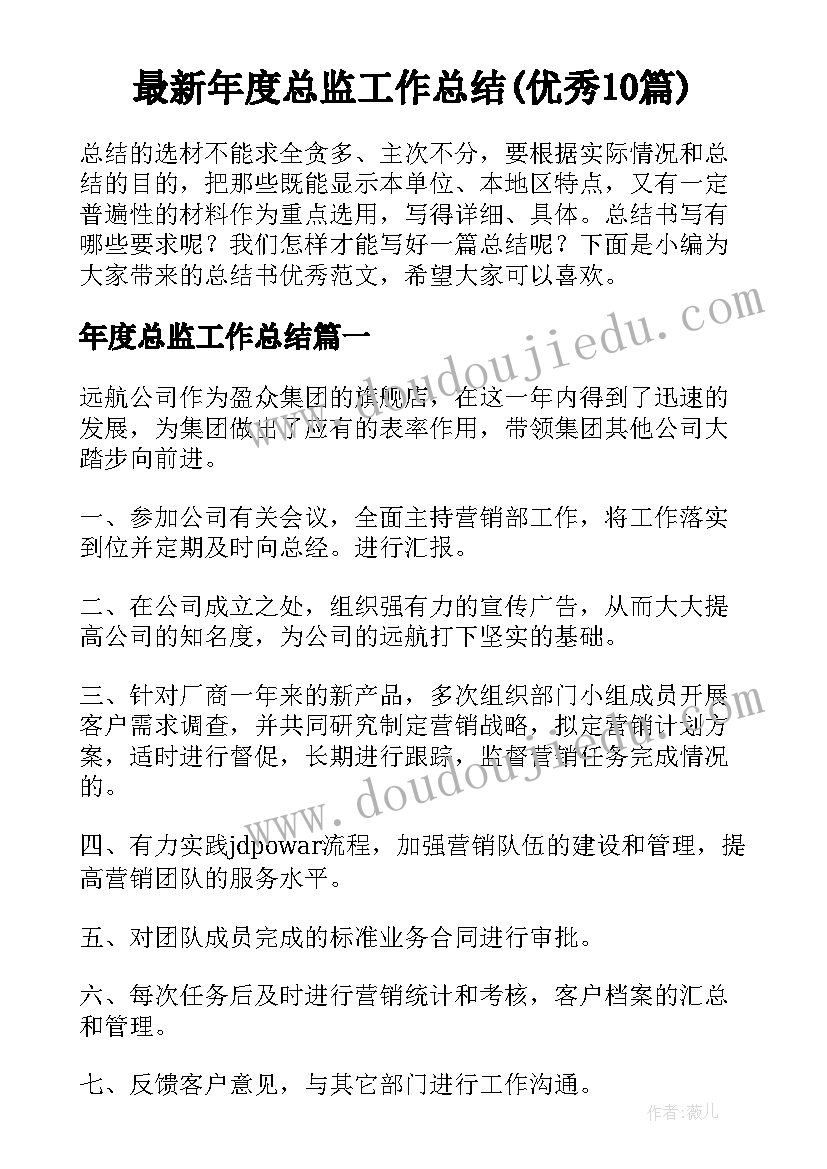 最新年度总监工作总结(优秀10篇)