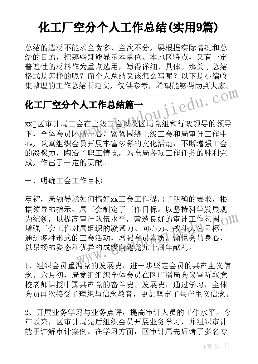 化工厂空分个人工作总结(实用9篇)