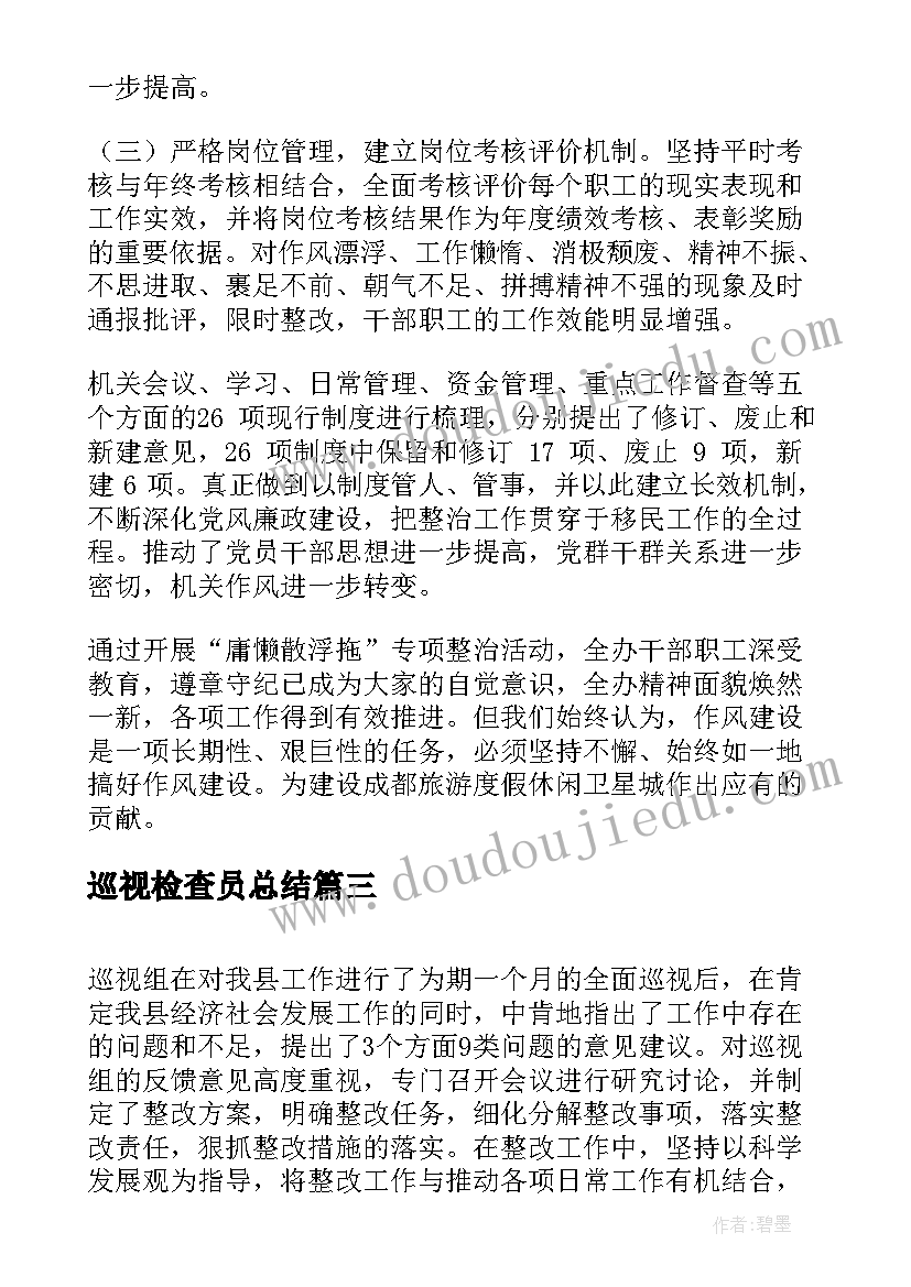 2023年巡视检查员总结(优质10篇)