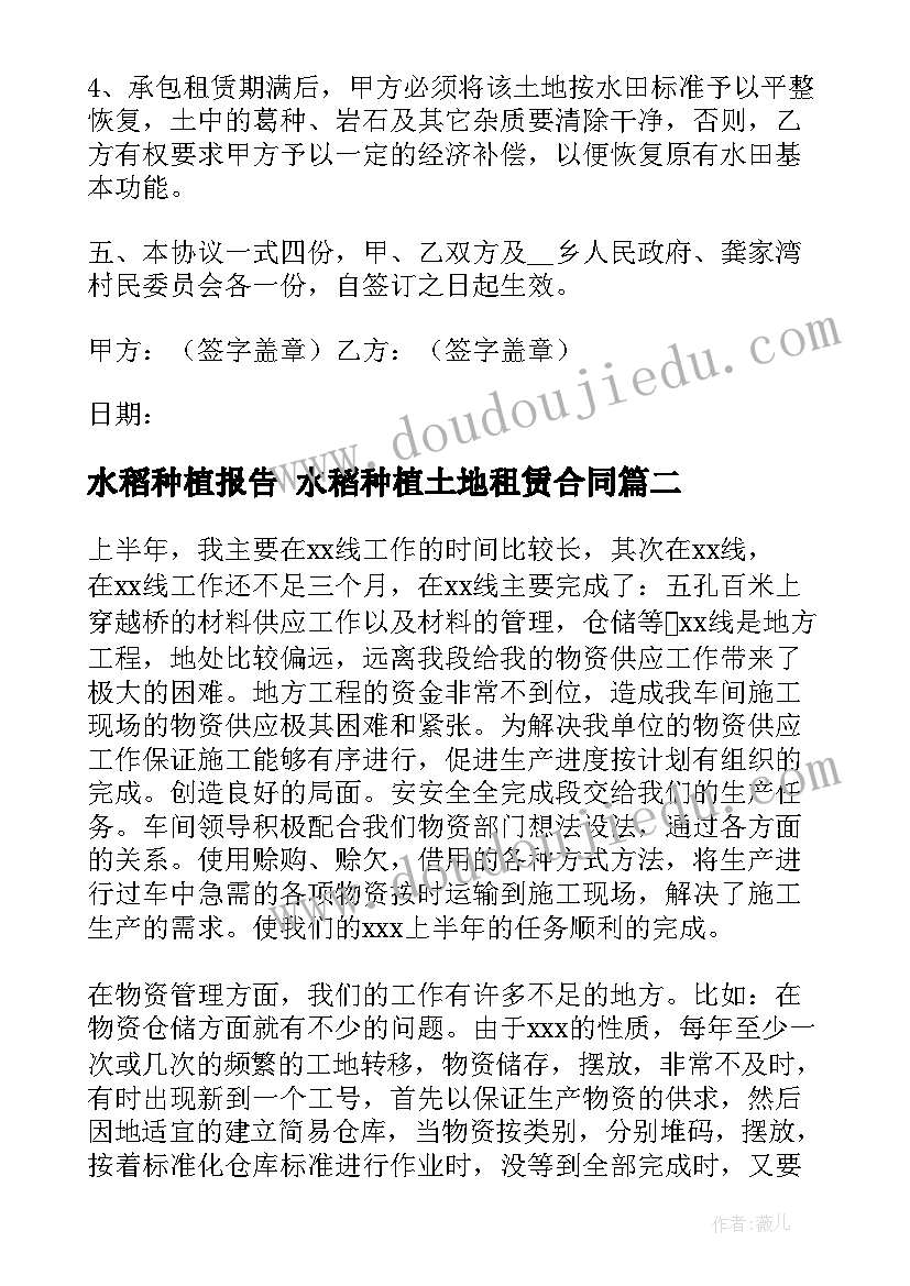 水稻种植报告 水稻种植土地租赁合同(模板10篇)