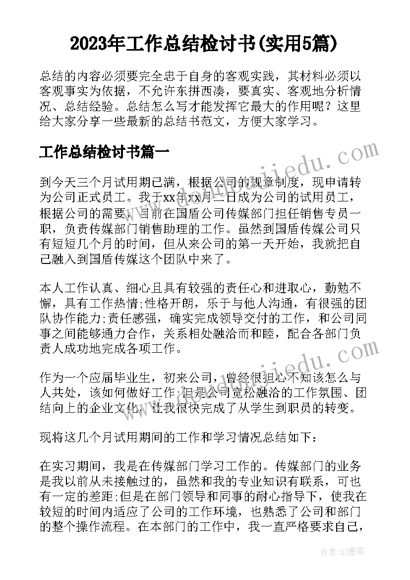 2023年工作总结检讨书(实用5篇)