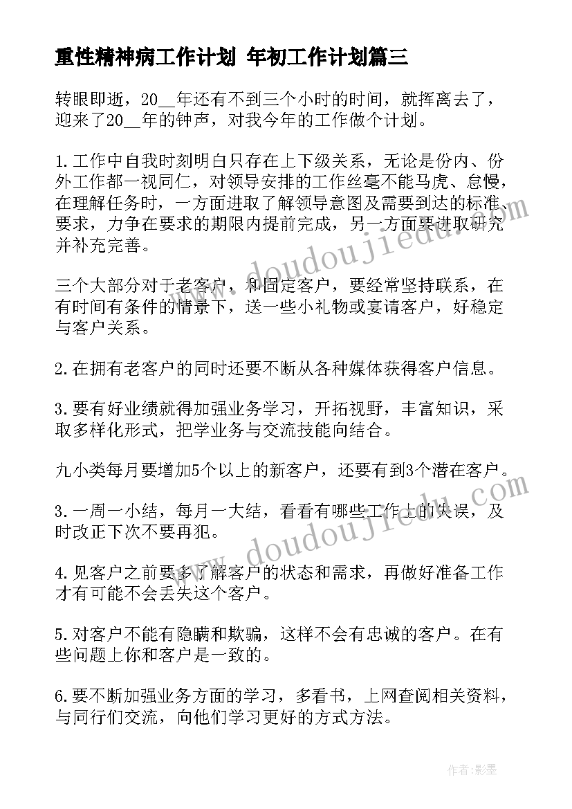 最新重性精神病工作计划 年初工作计划(模板9篇)