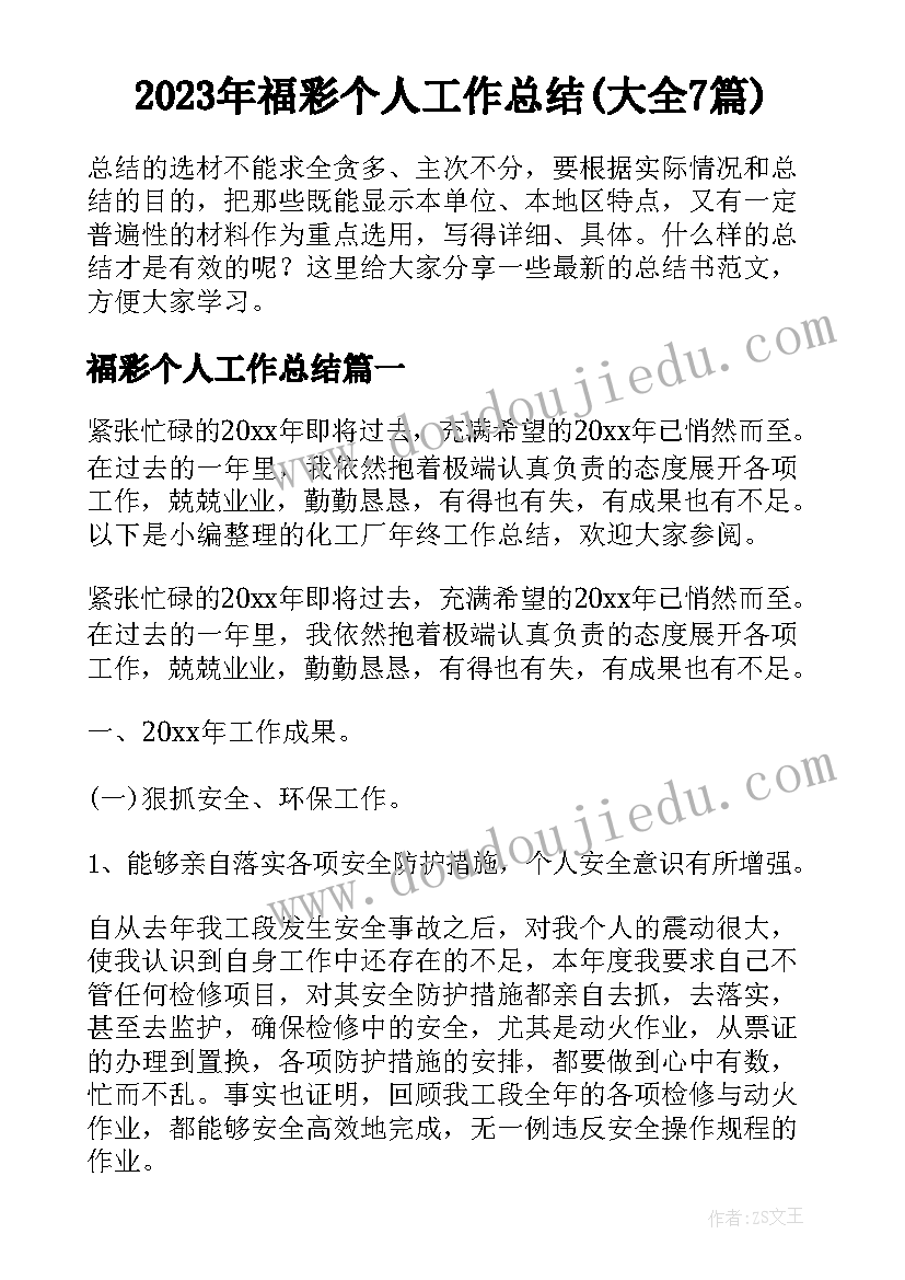 2023年福彩个人工作总结(大全7篇)