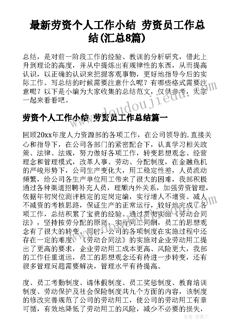 最新劳资个人工作小结 劳资员工作总结(汇总8篇)