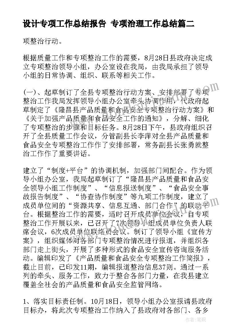 设计专项工作总结报告 专项治理工作总结(汇总8篇)