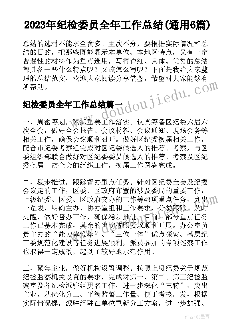 2023年纪检委员全年工作总结(通用6篇)