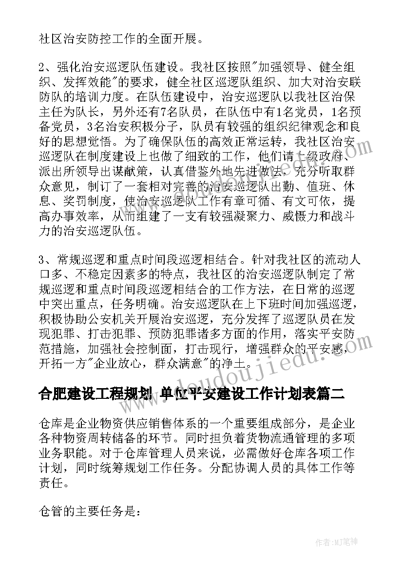 最新合肥建设工程规划 单位平安建设工作计划表(大全9篇)