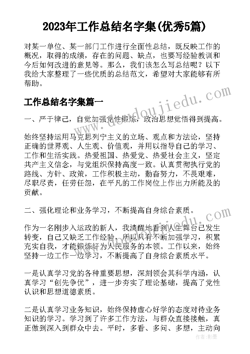 2023年工作总结名字集(优秀5篇)