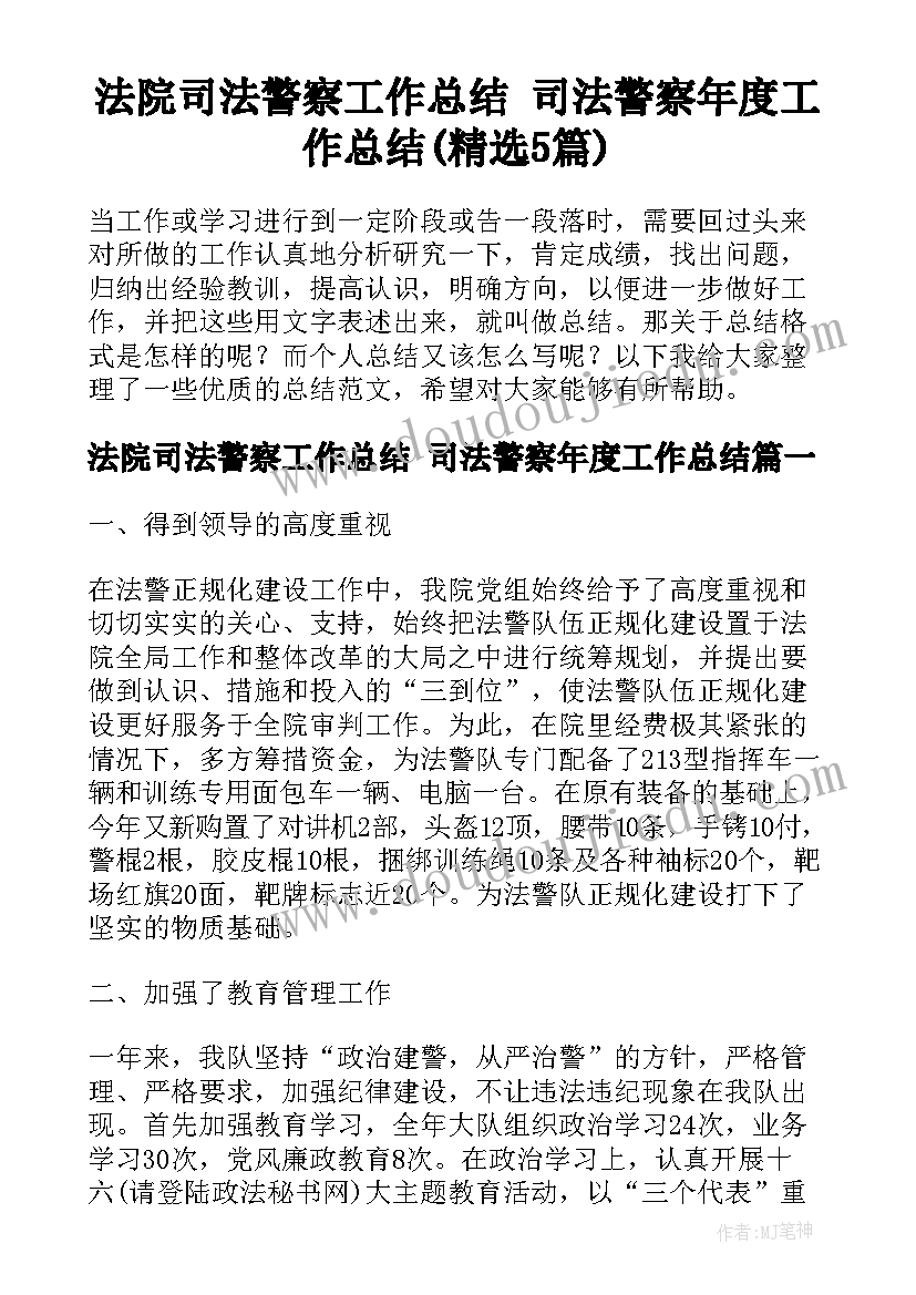 法院司法警察工作总结 司法警察年度工作总结(精选5篇)