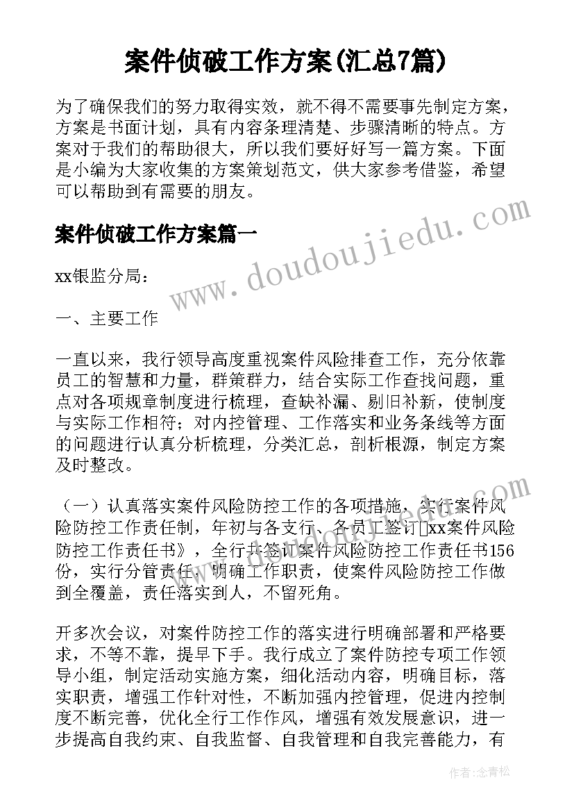 案件侦破工作方案(汇总7篇)