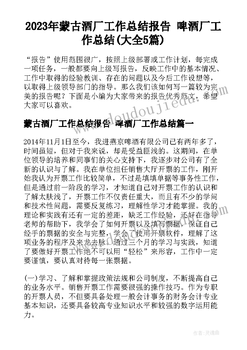 2023年蒙古酒厂工作总结报告 啤酒厂工作总结(大全5篇)