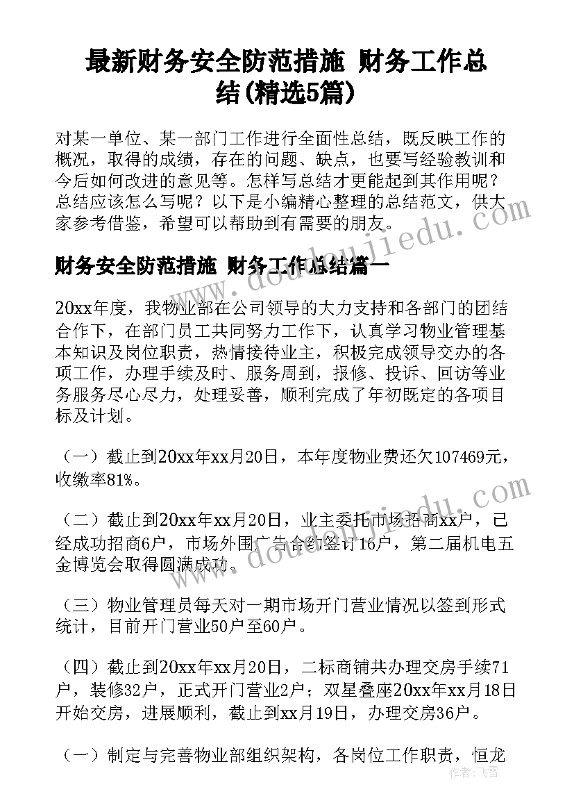 最新财务安全防范措施 财务工作总结(精选5篇)