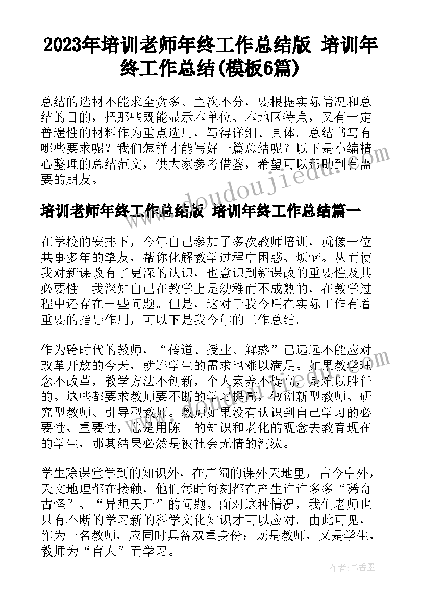 2023年培训老师年终工作总结版 培训年终工作总结(模板6篇)