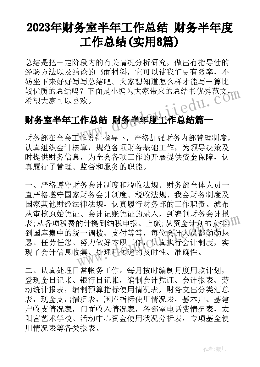 2023年财务室半年工作总结 财务半年度工作总结(实用8篇)