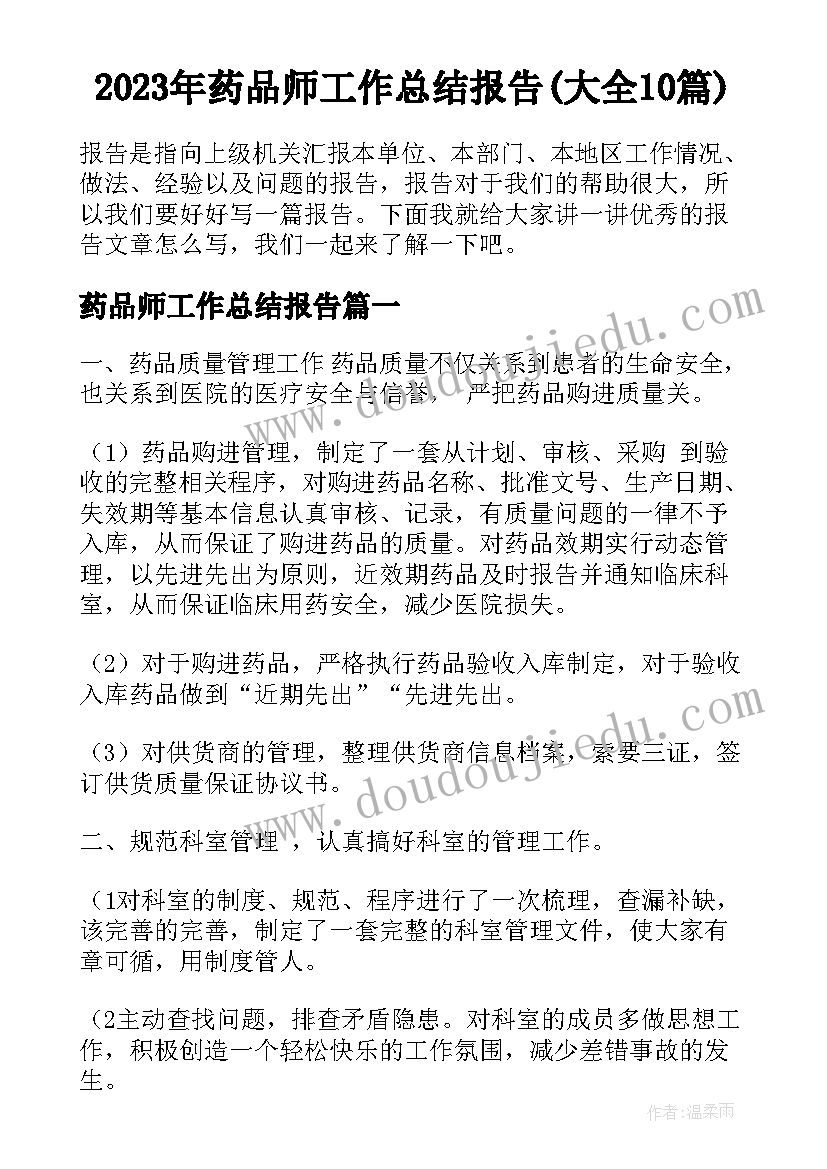 2023年药品师工作总结报告(大全10篇)