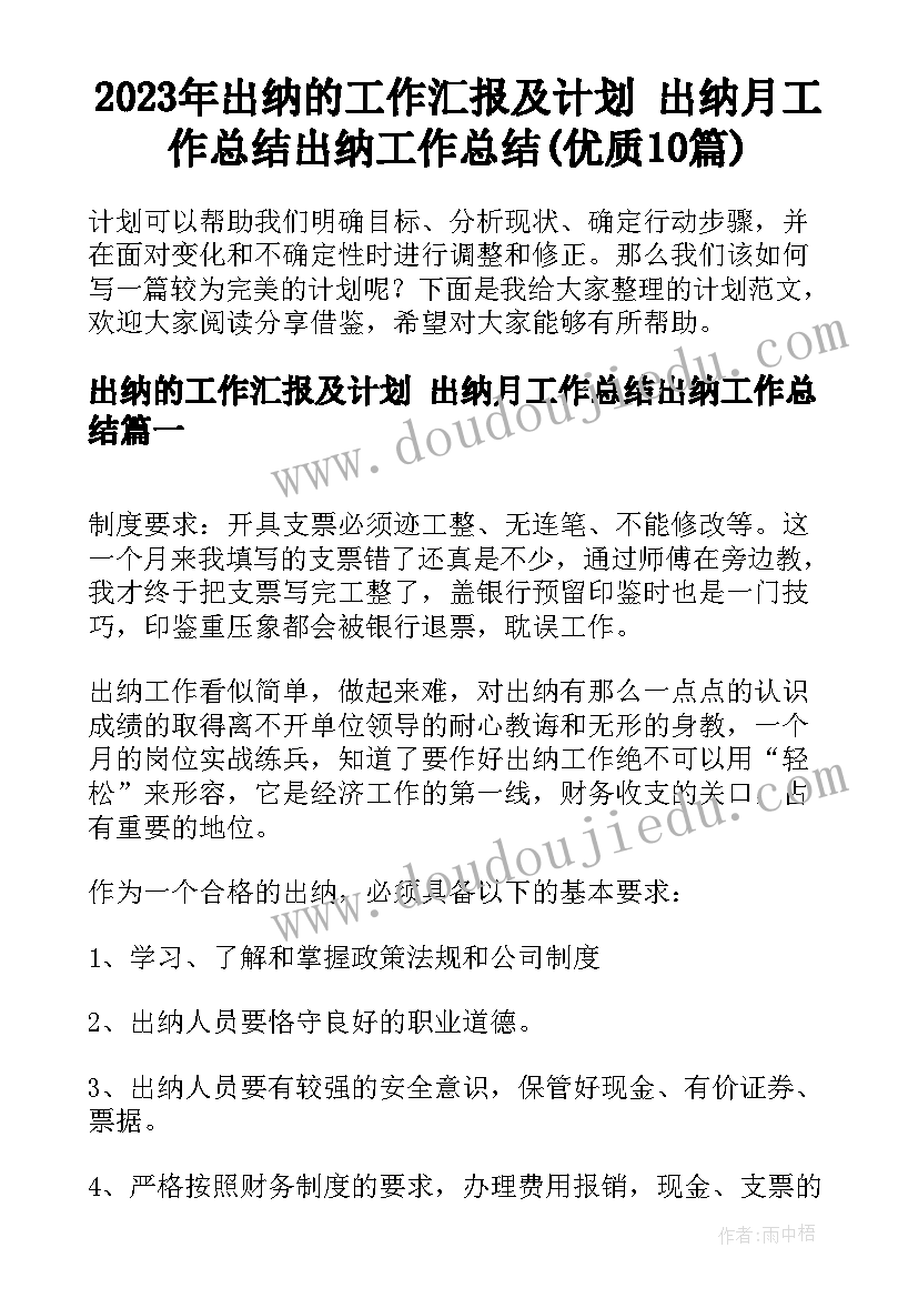 2023年出纳的工作汇报及计划 出纳月工作总结出纳工作总结(优质10篇)