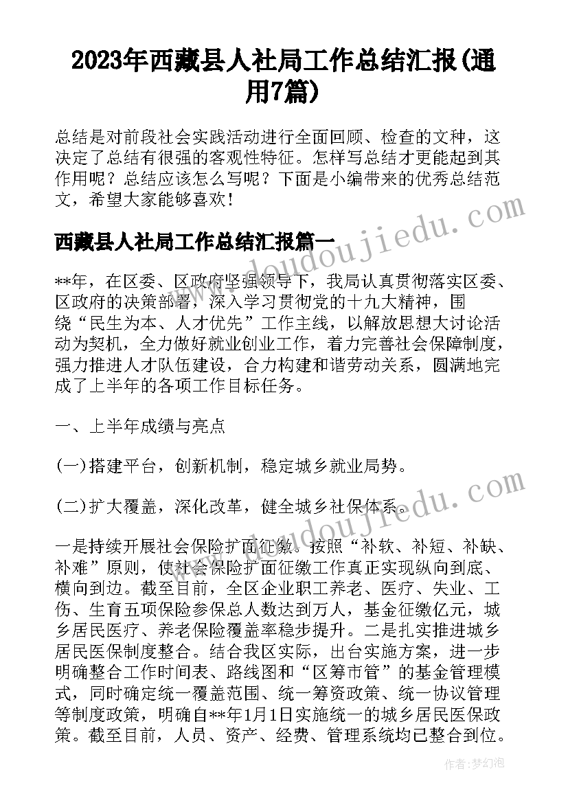 2023年西藏县人社局工作总结汇报(通用7篇)