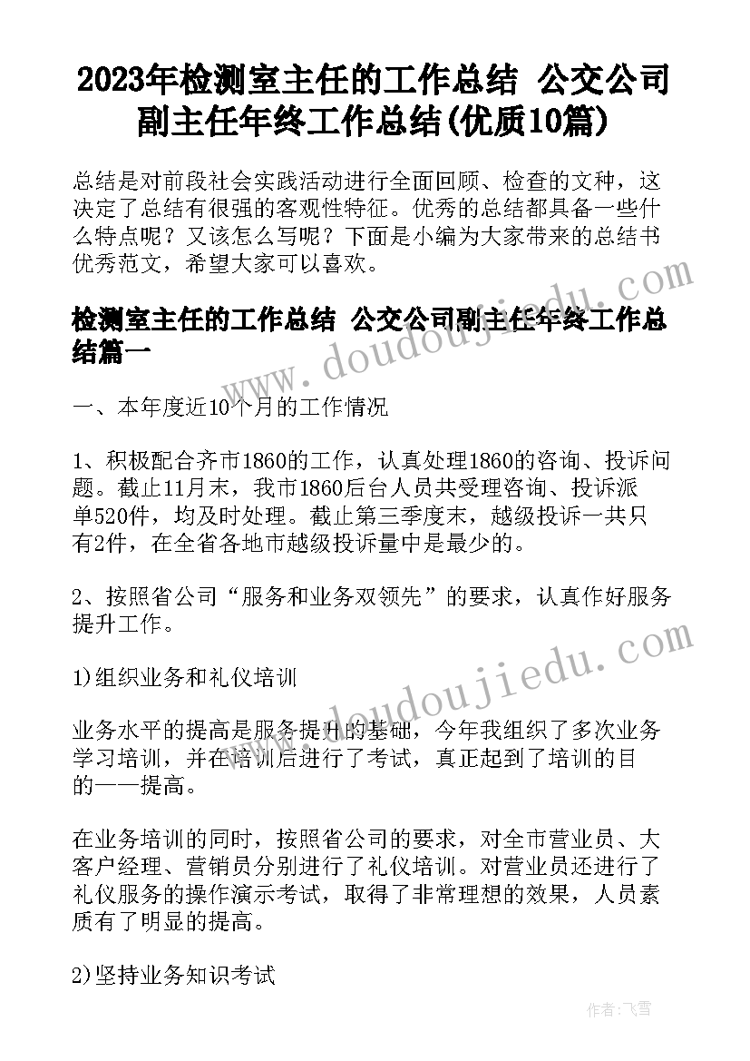 2023年检测室主任的工作总结 公交公司副主任年终工作总结(优质10篇)