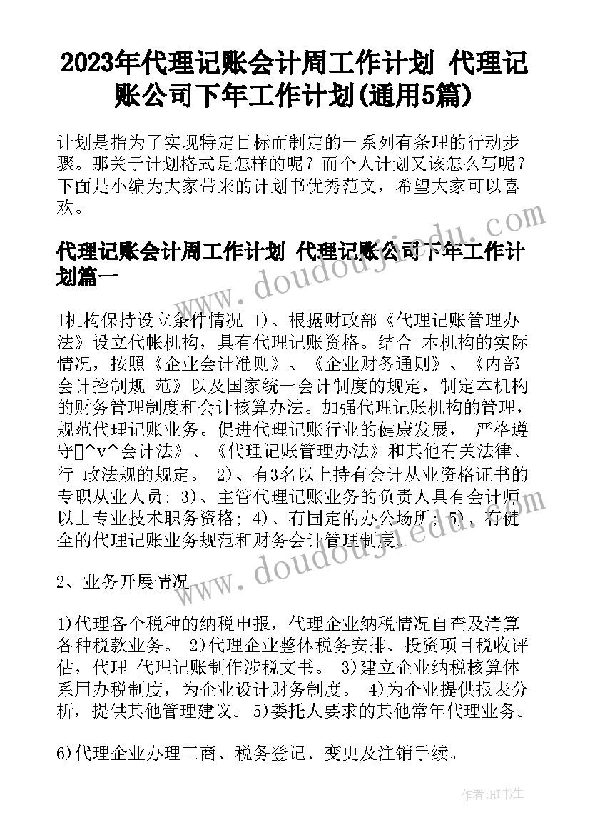 2023年代理记账会计周工作计划 代理记账公司下年工作计划(通用5篇)